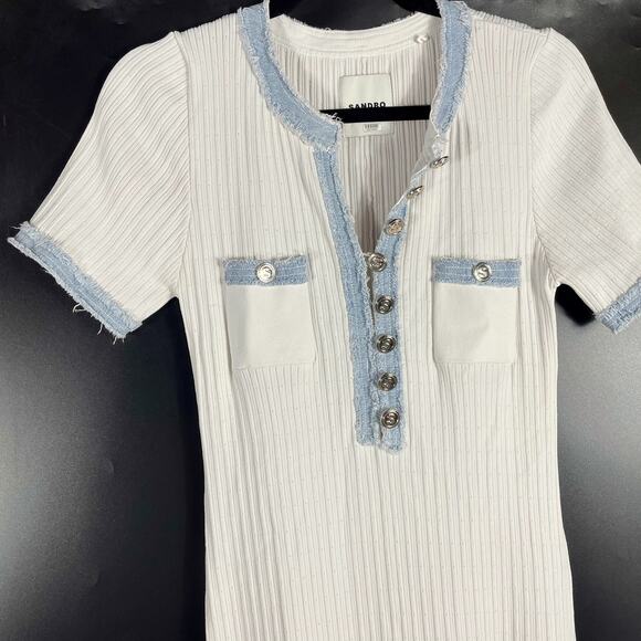 Sandro Alecia Dress Off-White Ribbed Maxi Denim Trim Short Sleeve Sz 36EU / 4 US - Picture 7 of 15
